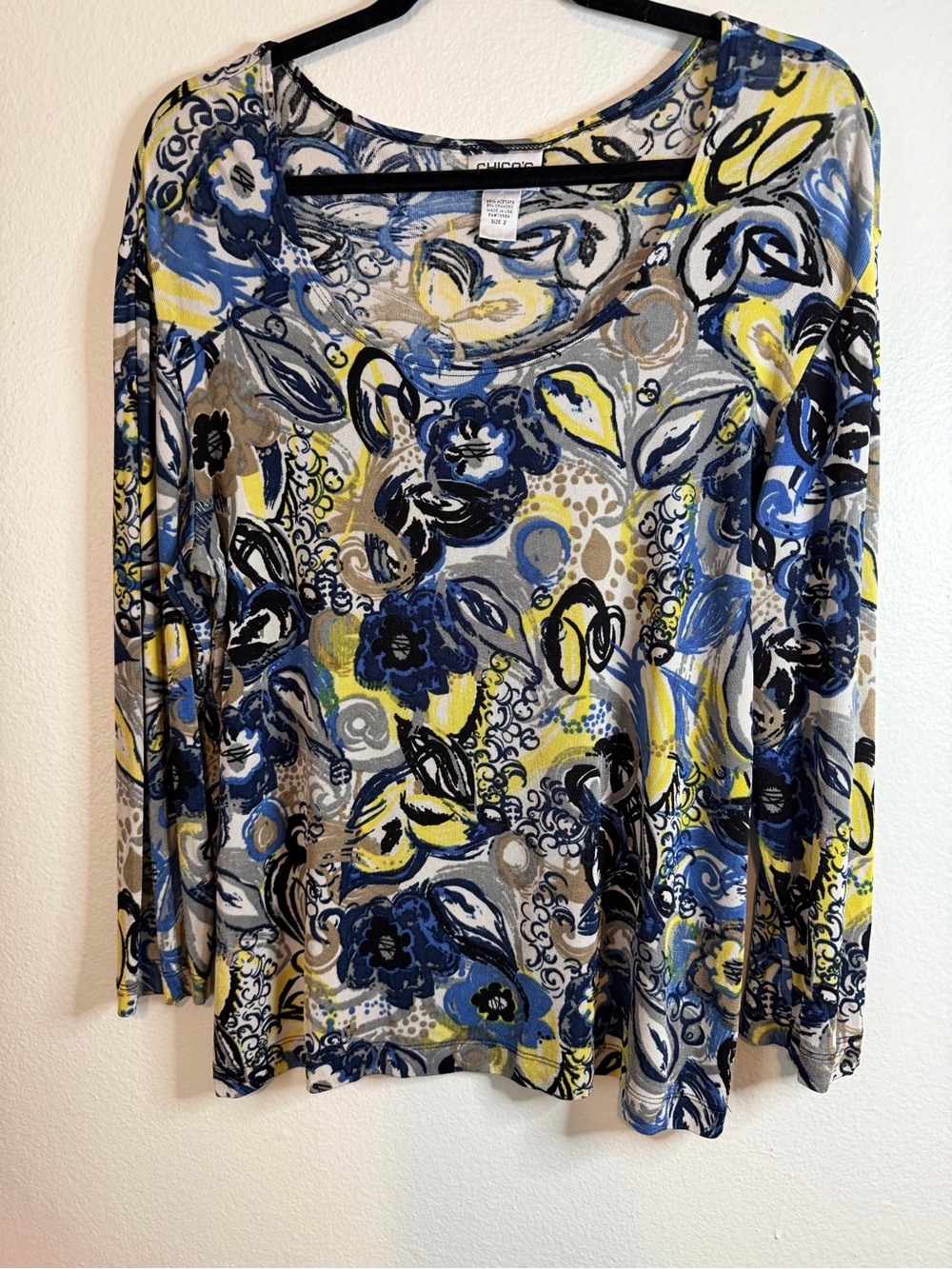 Chico’s Top Travelers Fabric Scoop Neck 3/4 Sleeves Size 2 (large 12) Blues